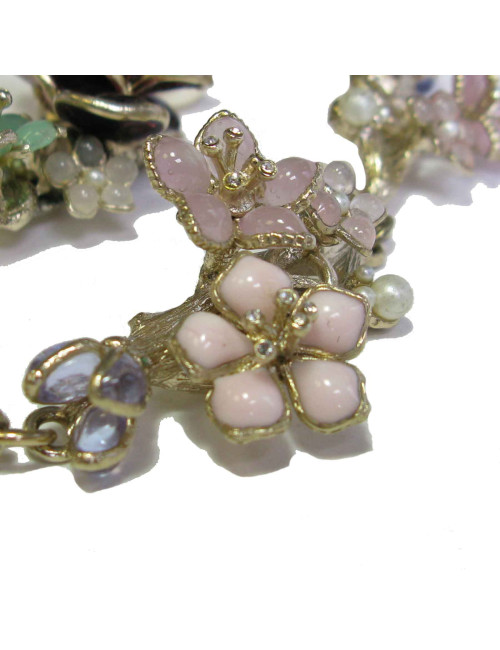 xxx Ceinture Couture CHANEL en métal doré or pâle, fleur en pâte de verre de couleur, perles nacrées et strass