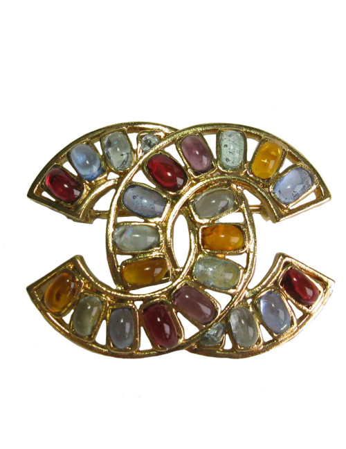 xxx Broche CHANEL dorée pâte de verre CC