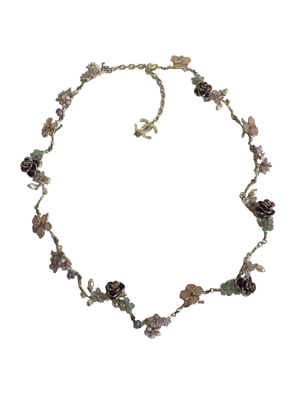 xxx Ceinture Couture CHANEL en métal doré or pâle, fleur en pâte de verre de couleur, perles nacrées et strass