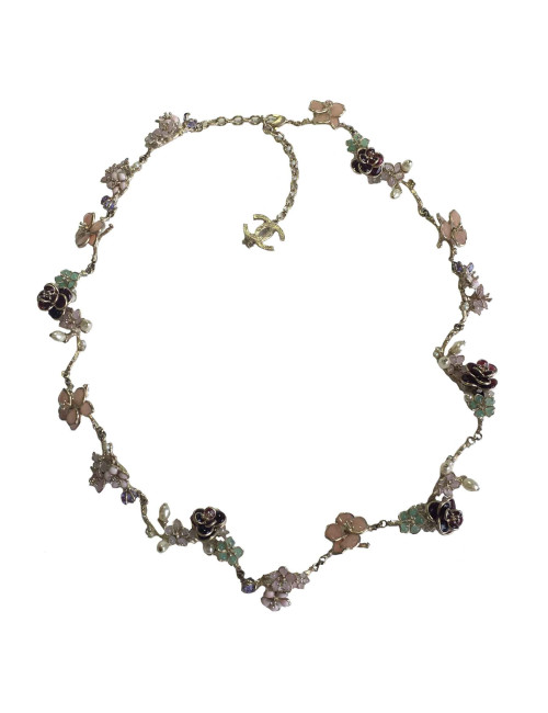 xxx Ceinture Couture CHANEL en métal doré or pâle, fleur en pâte de verre de couleur, perles nacrées et strass