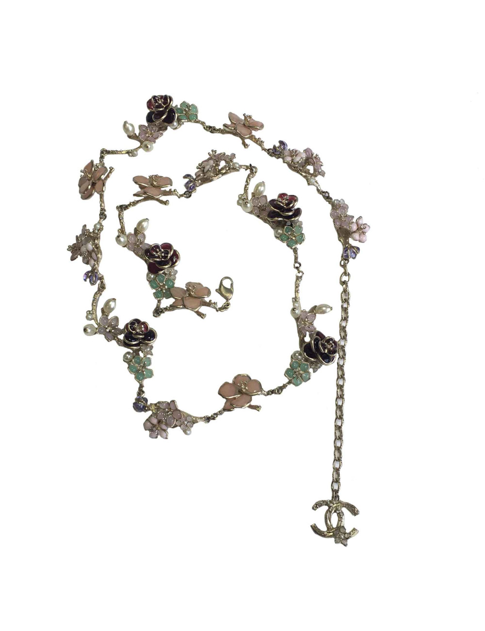 xxx Ceinture Couture CHANEL en métal doré or pâle, fleur en pâte de verre de couleur, perles nacrées et strass