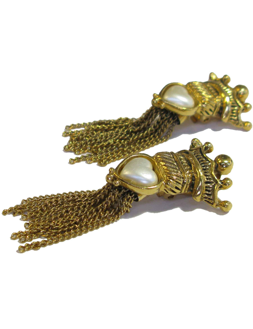 Boucles d'oreille Clips sans marque multi chaines en métal doré et perle coeur nacrée