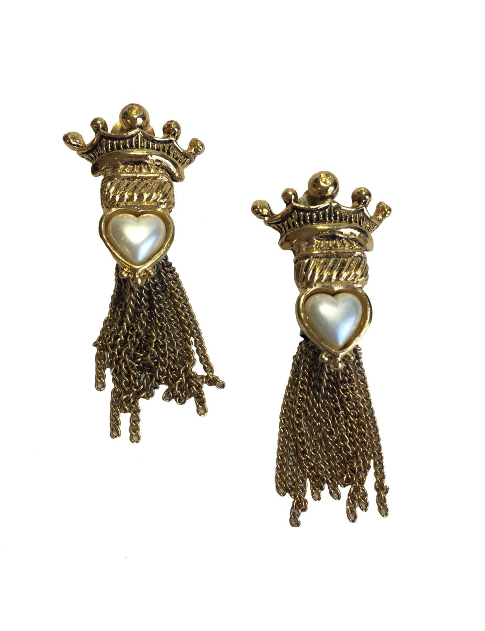 Boucles d'oreille Clips sans marque multi chaines en métal doré et perle coeur nacrée