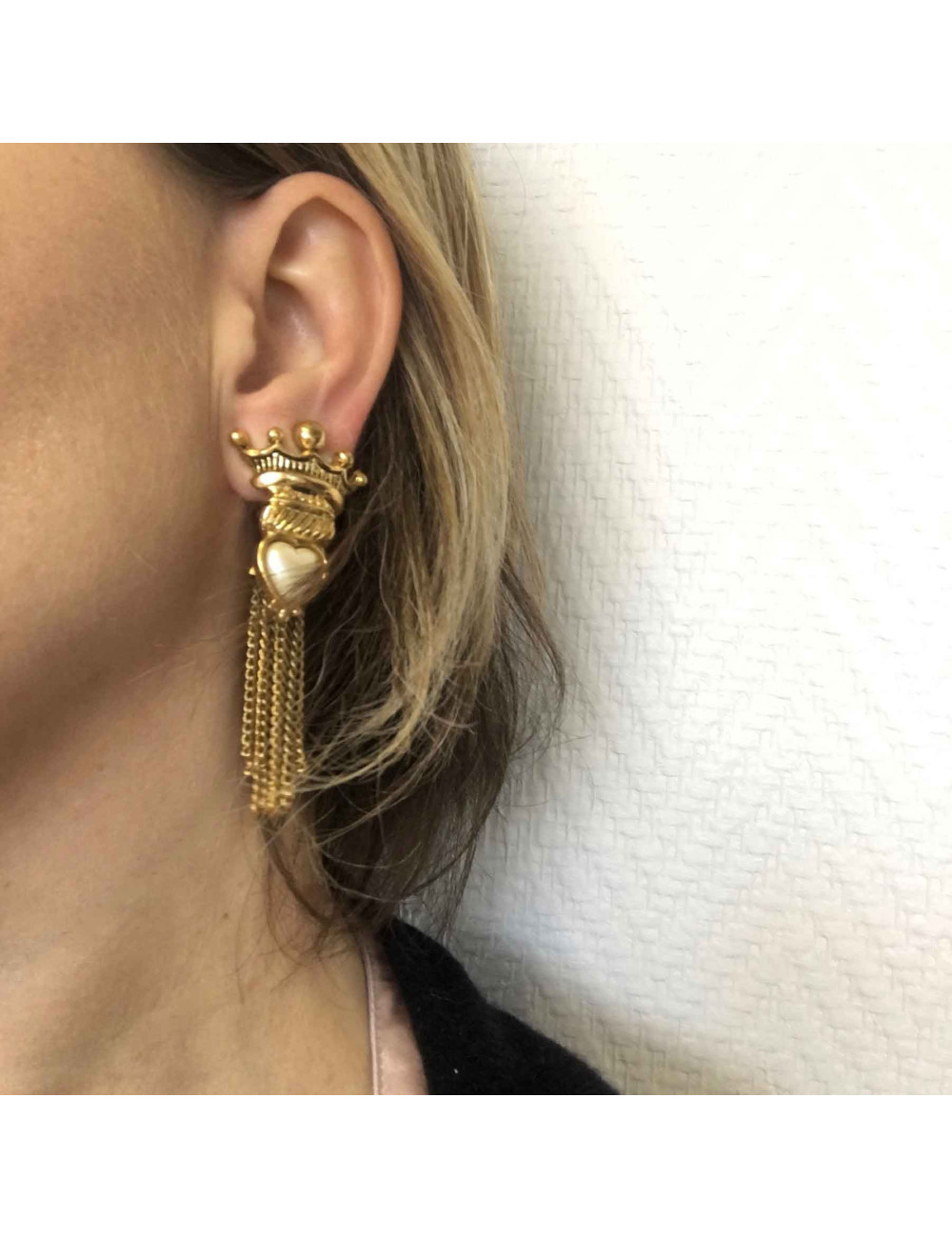 Boucles d'oreille Clips sans marque multi chaines en métal doré et perle coeur nacrée