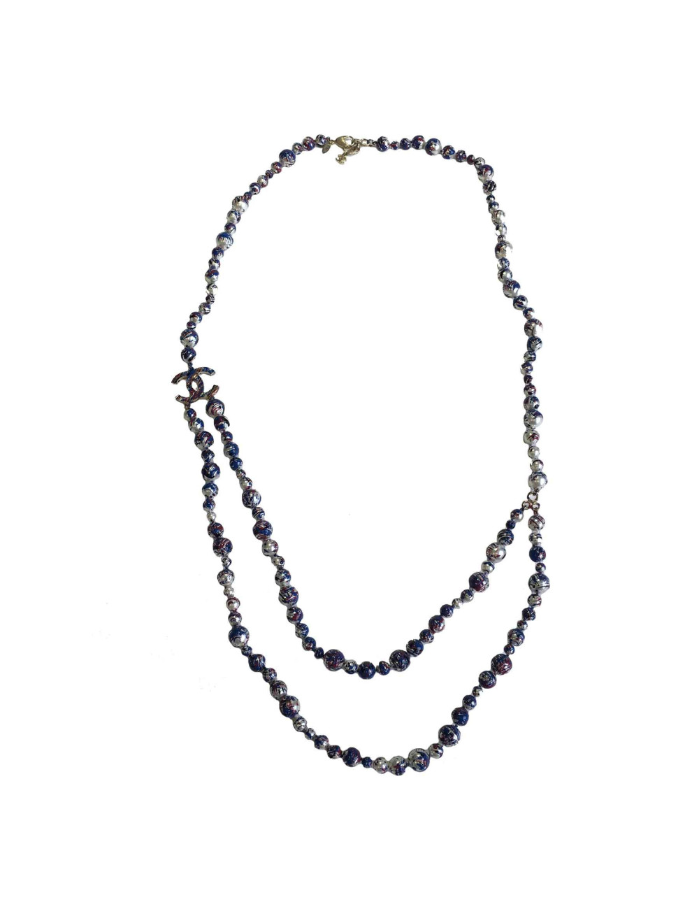 Sautoir CHANEL Airlines collection en perles nacrées, bleu blanc rouge