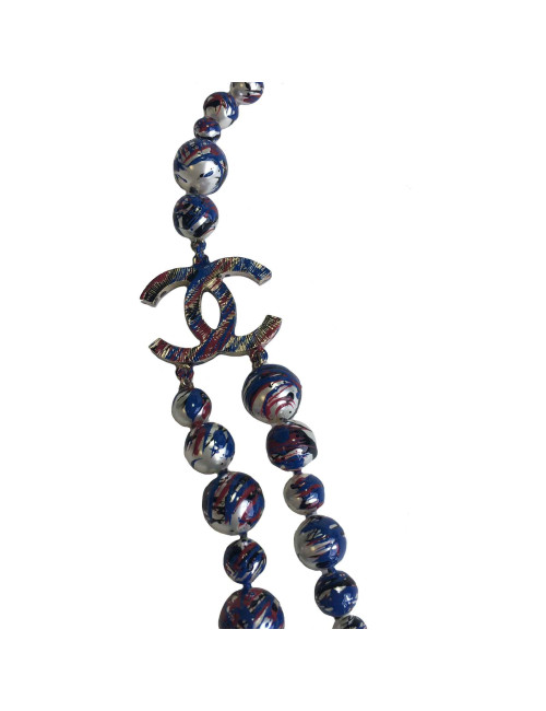 Sautoir CHANEL Airlines collection en perles nacrées, bleu blanc rouge
