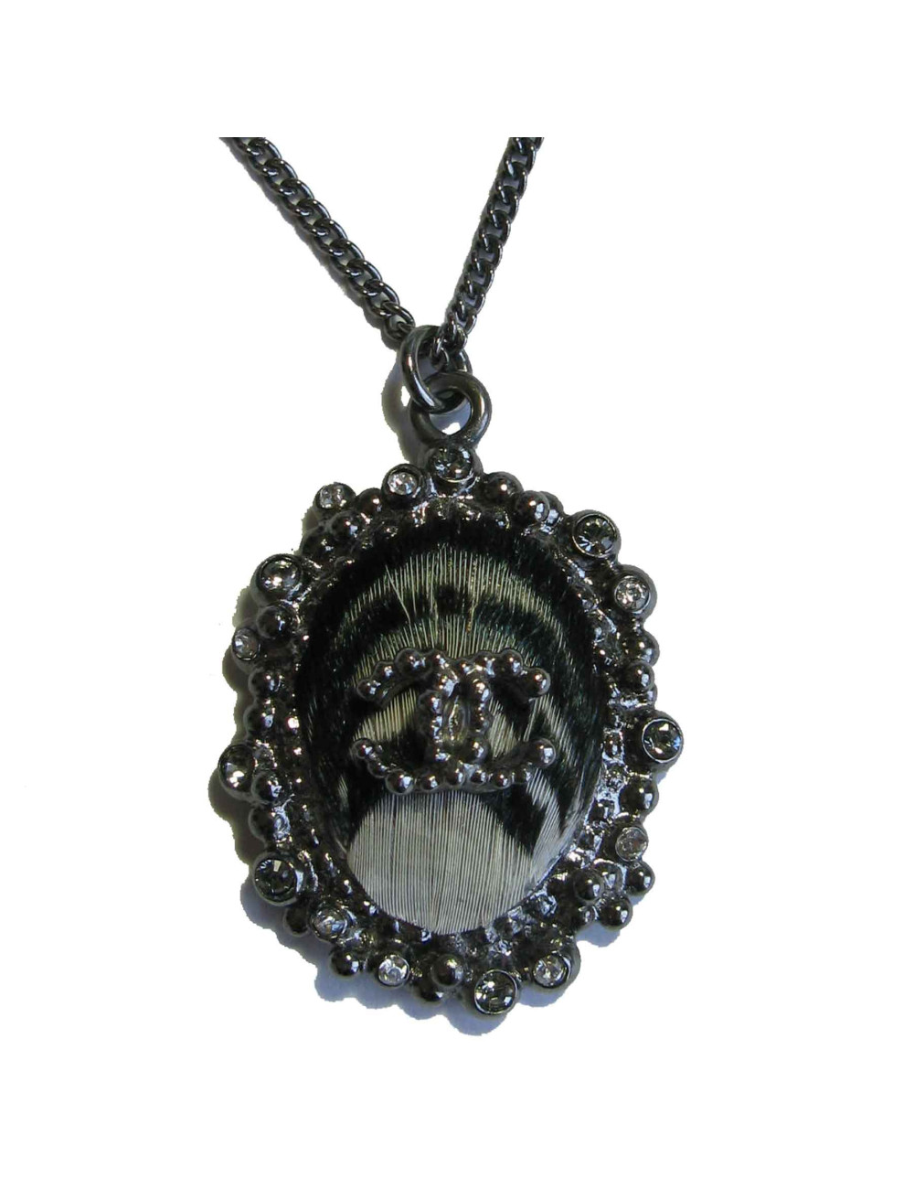 CHANEL pendant necklace in silver plated metal and feather