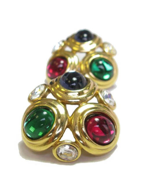 Boucles d'oreille clips MONET Vintage en métal doré, pierre fantaisie de couleur et strass