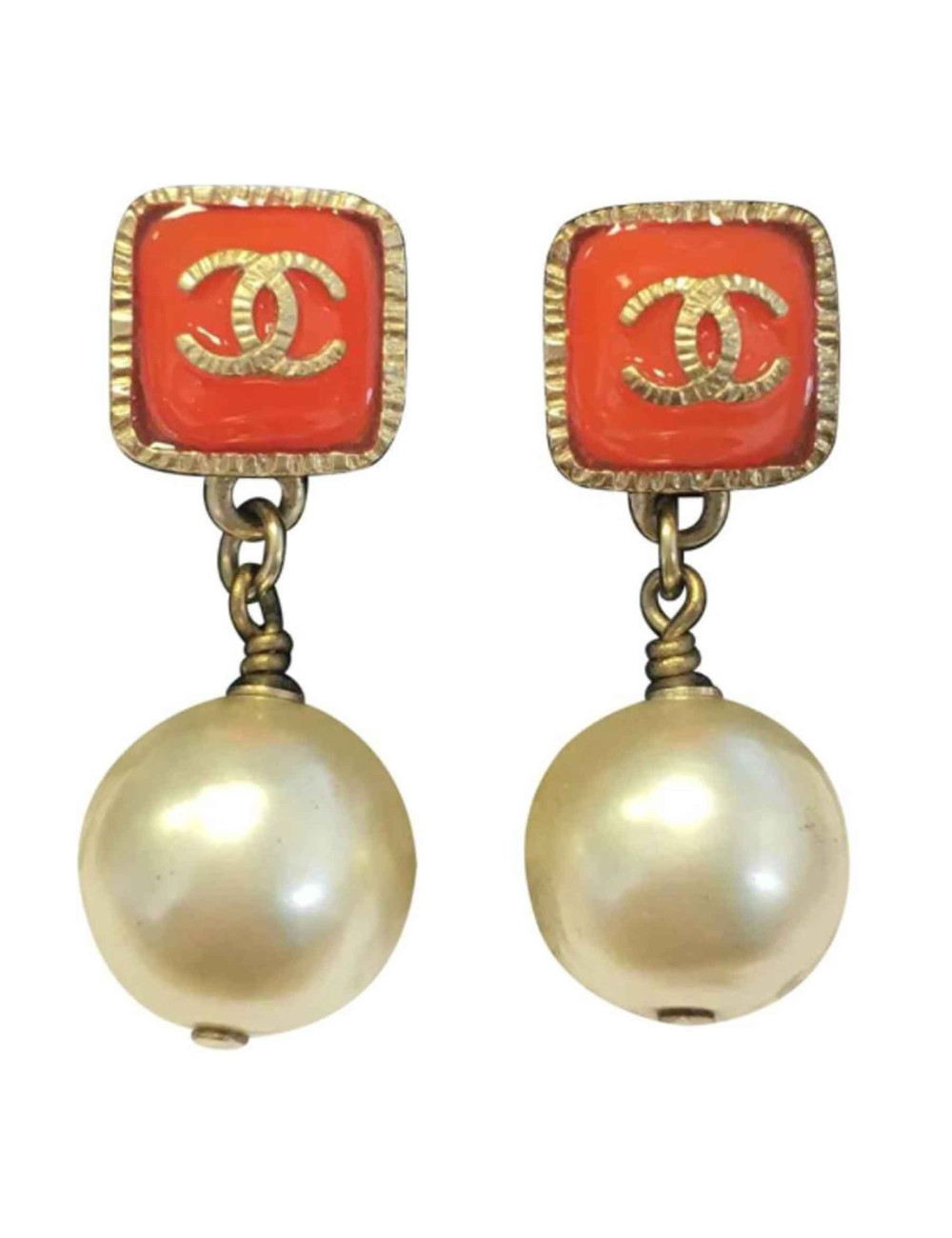 CHANEL earrings in gold metal, orange resin and Pearly Pearl