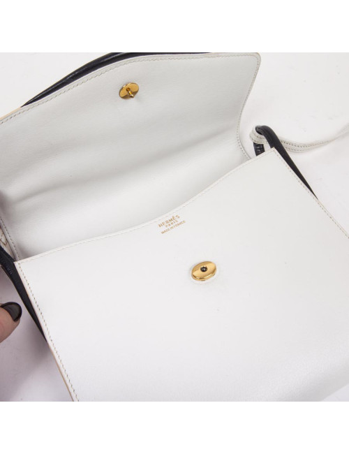 HERMES vintage bag in white leather and night blue trim