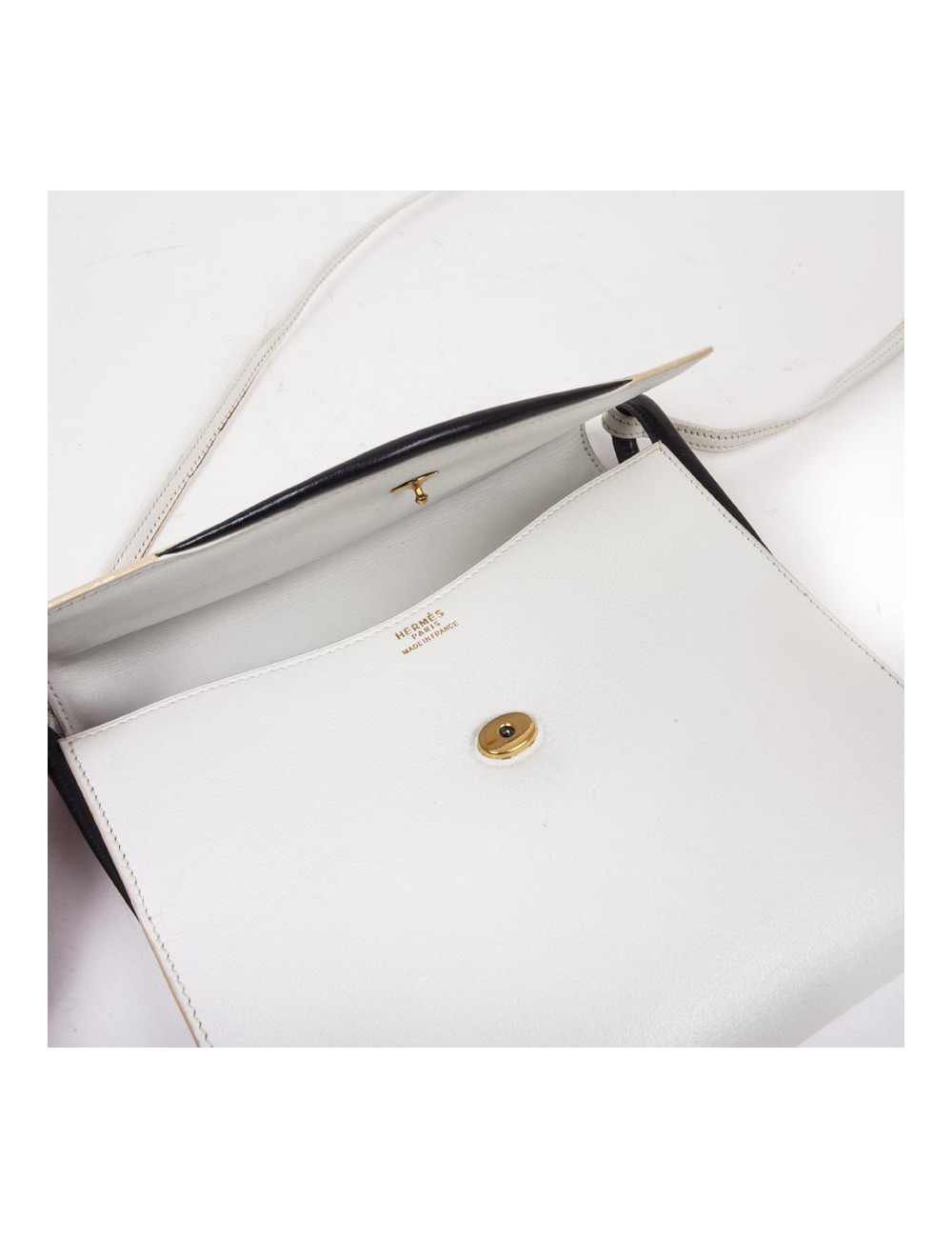 HERMES vintage bag in white leather and night blue trim