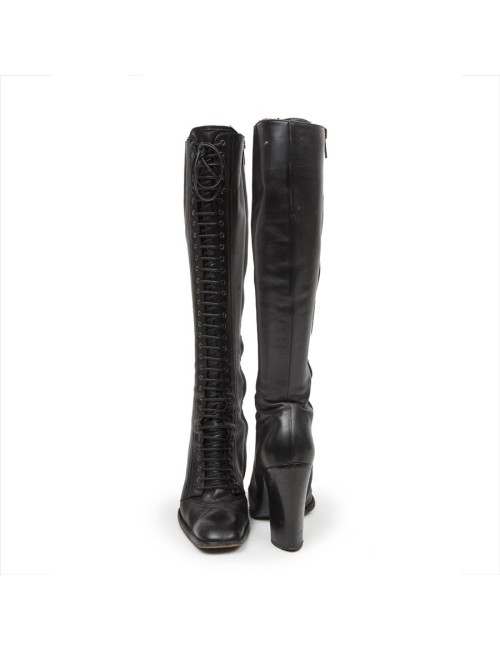 YVES SAINT LAURENT high boots with laces in black leather size 37EU