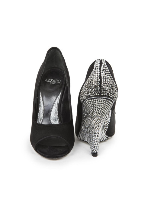 AZZARO Wedge high heels pumps in black silk satin and Swarovski crystals Size 37EU