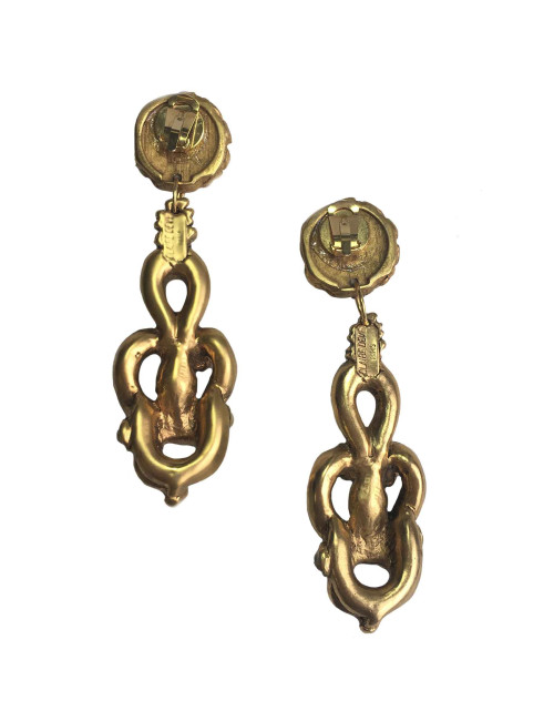 Boucles d'oreille clips CLAIRE DEVE  en résine dorée, pierre facettée et perles nacrées Vintage