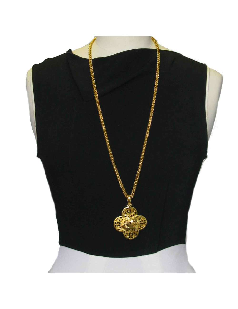 Sautoir CHANEL Collection 1995 vintage pendentif et chaîne en métal doré