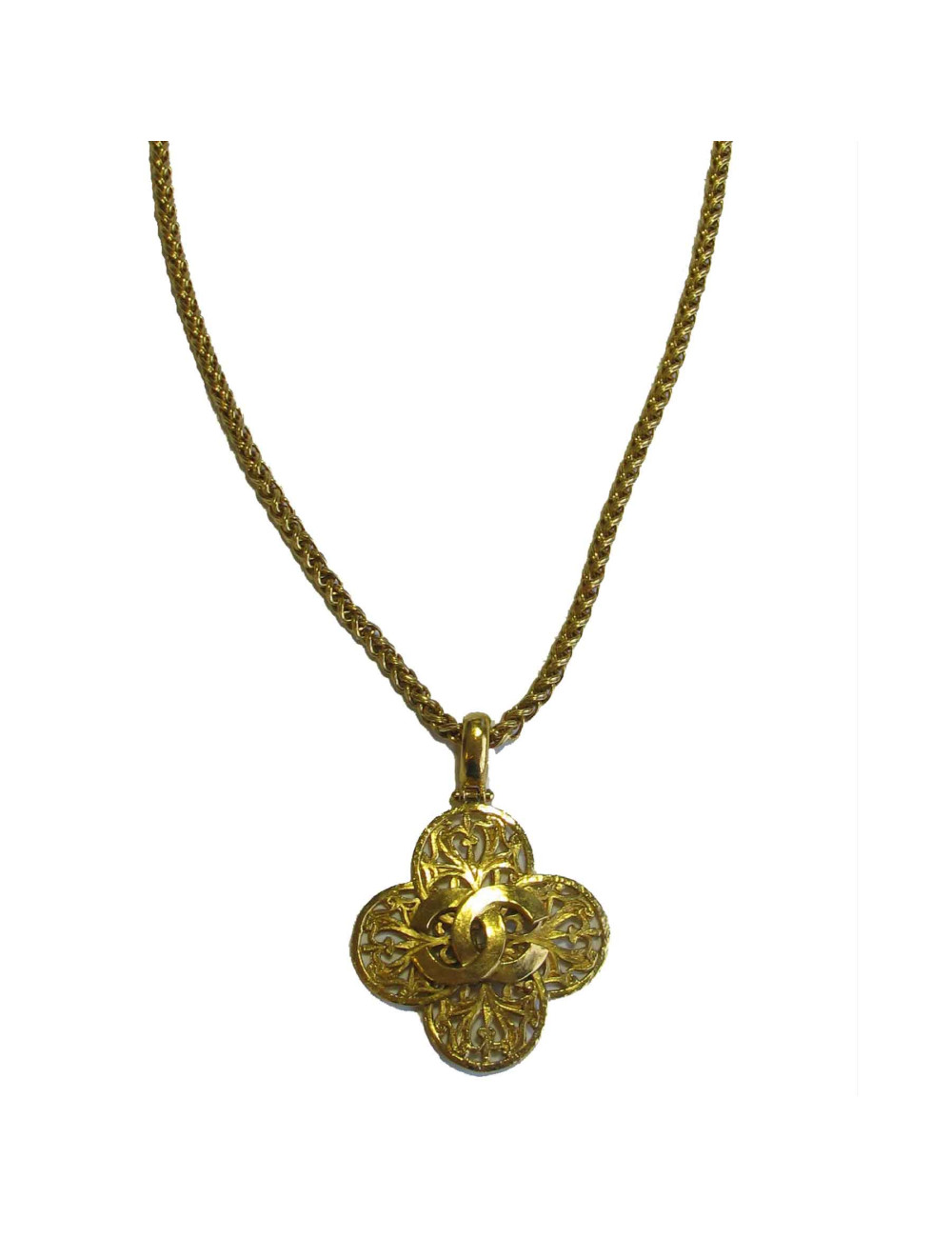Sautoir CHANEL Collection 1995 vintage pendentif et chaîne en métal doré