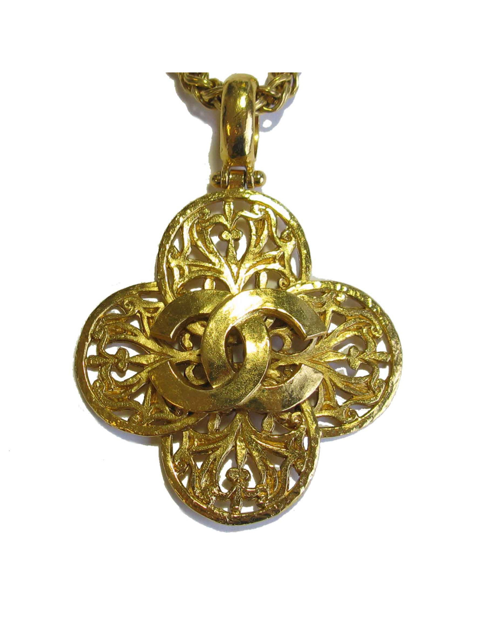 Sautoir CHANEL Collection 1995 vintage pendentif et chaîne en métal doré