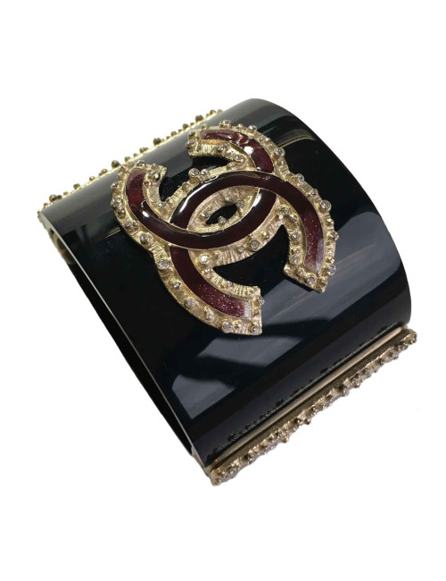 xxx Manchette chanel noire CC métal doré et résine bordeaux