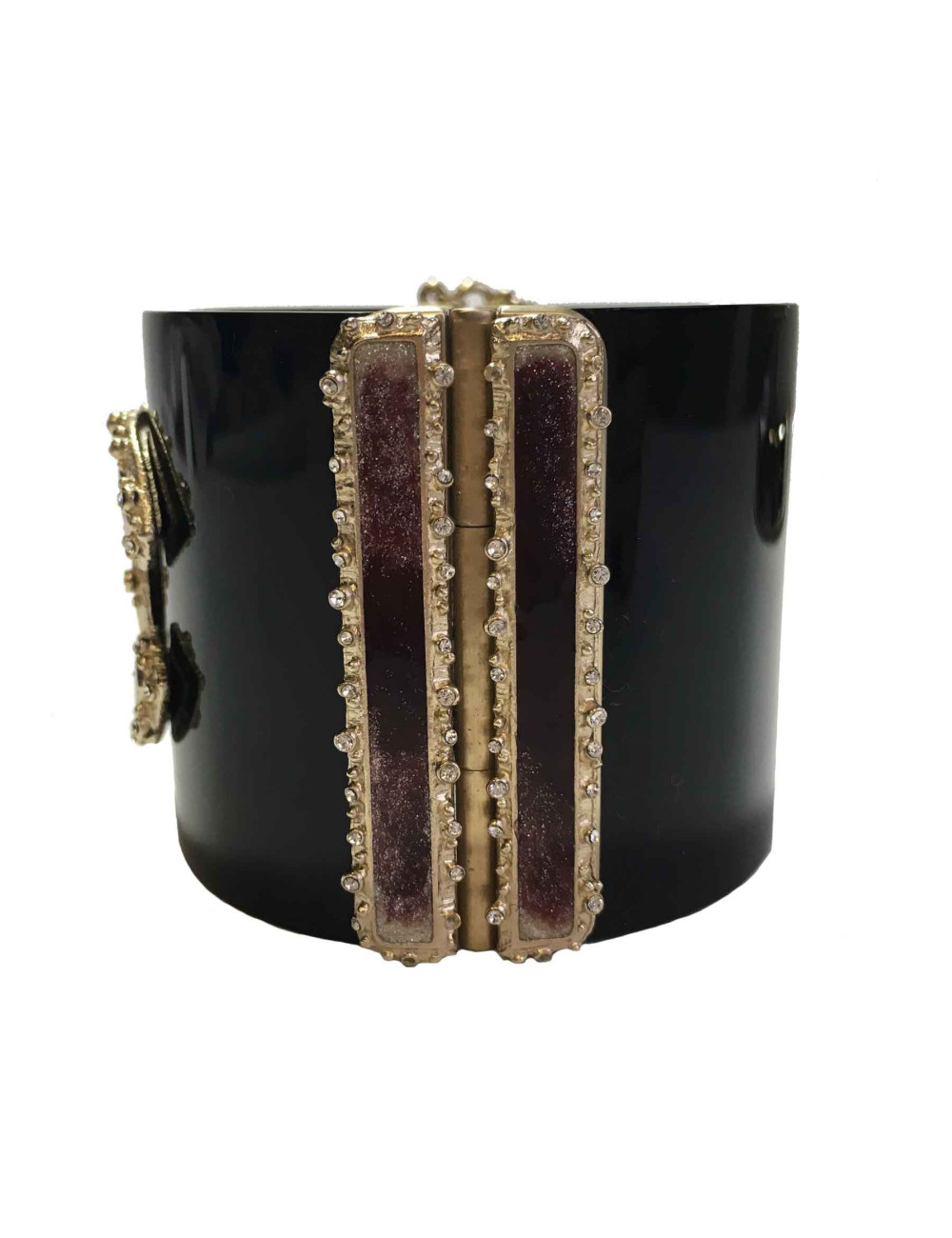 xxx Manchette chanel noire CC métal doré et résine bordeaux