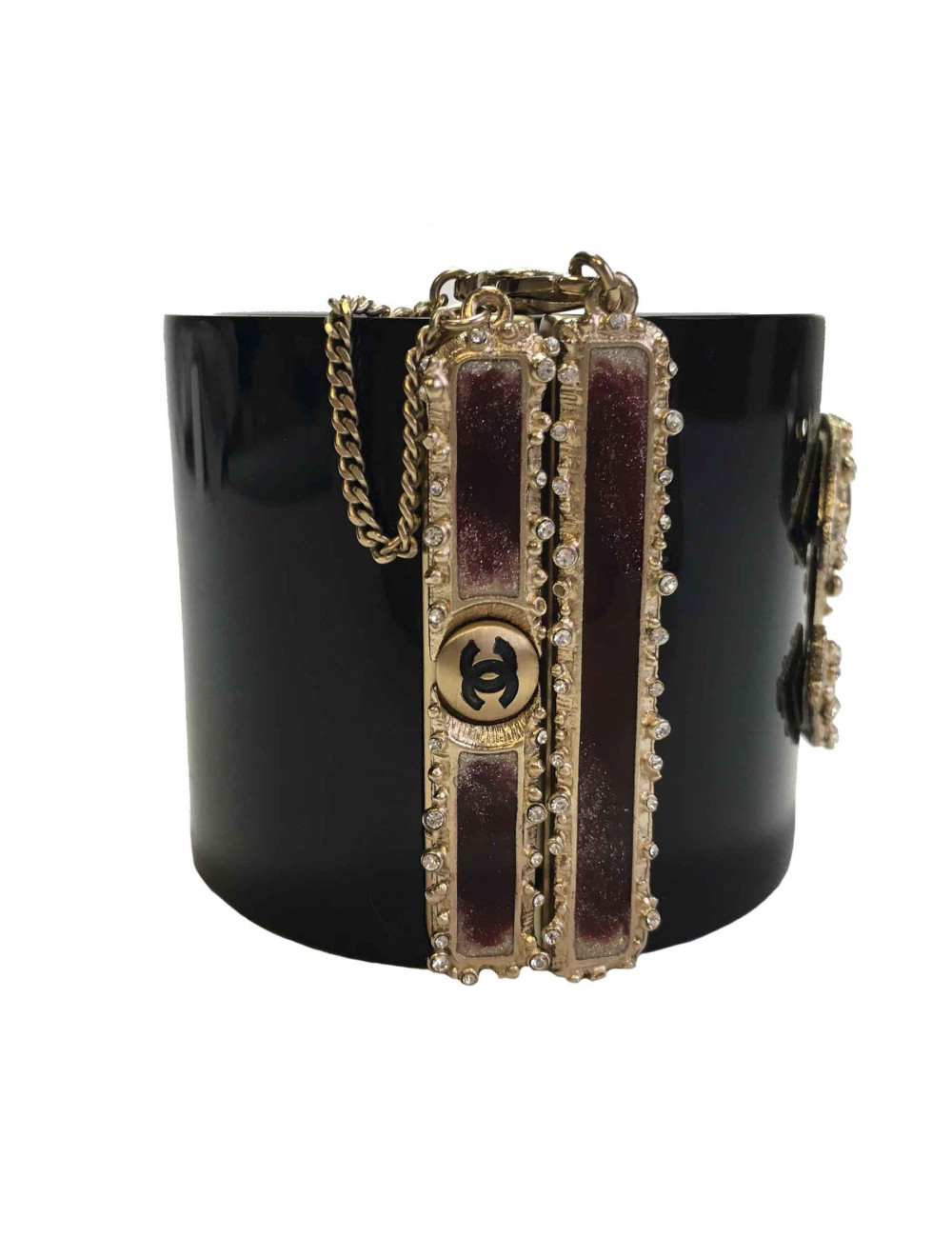 xxx Manchette chanel noire CC métal doré et résine bordeaux