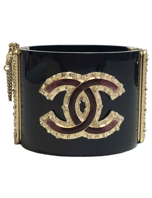 xxx Manchette chanel noire CC métal doré et résine bordeaux