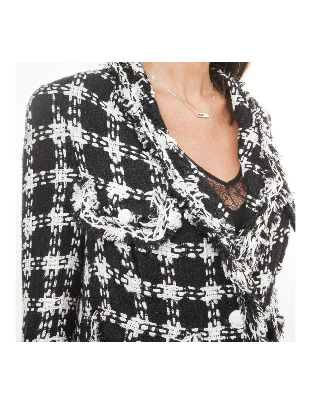 CHANEL Jacket in Black and White Cotton and Viscose Size 38FR