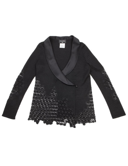 Chanel cardigan jacket in black cotton and lace, size 38FR