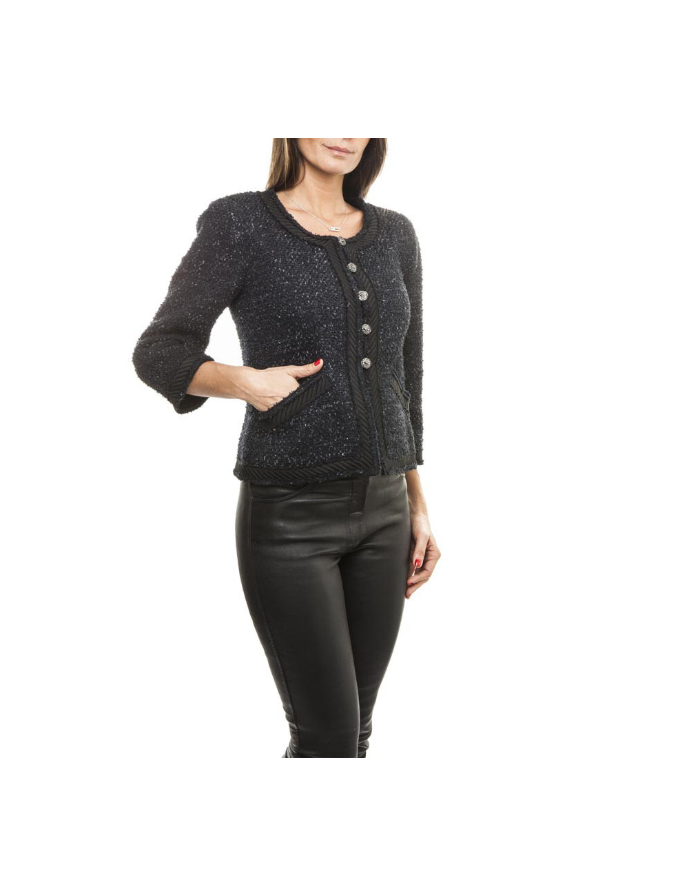 Veste CHANEL T34 Tweed  bleu marine et noir