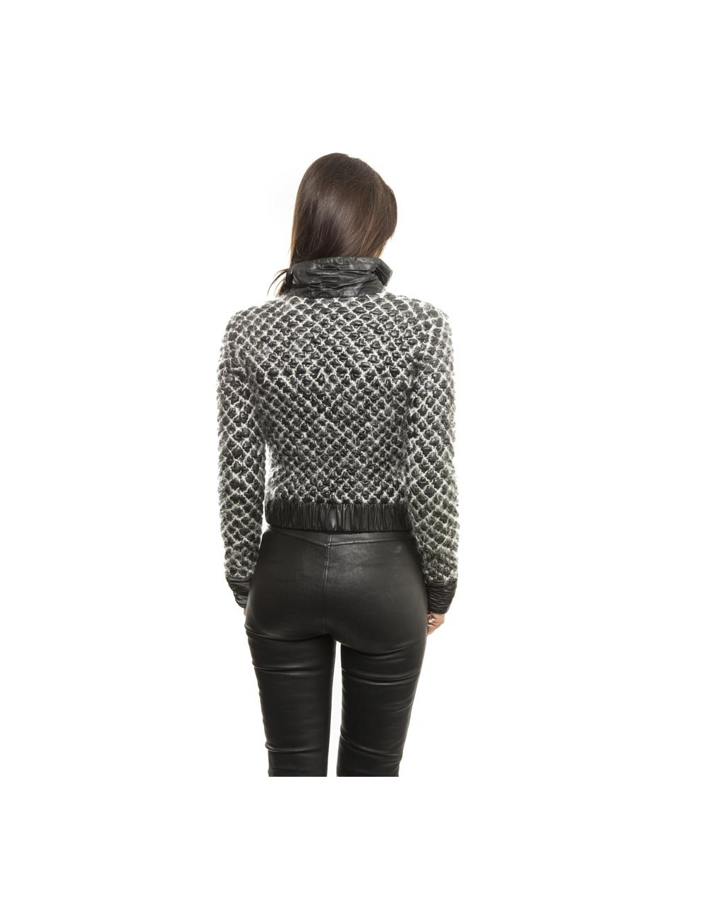 CHANEL jacket in black lamb leather stitched with white mohair size 38FR 