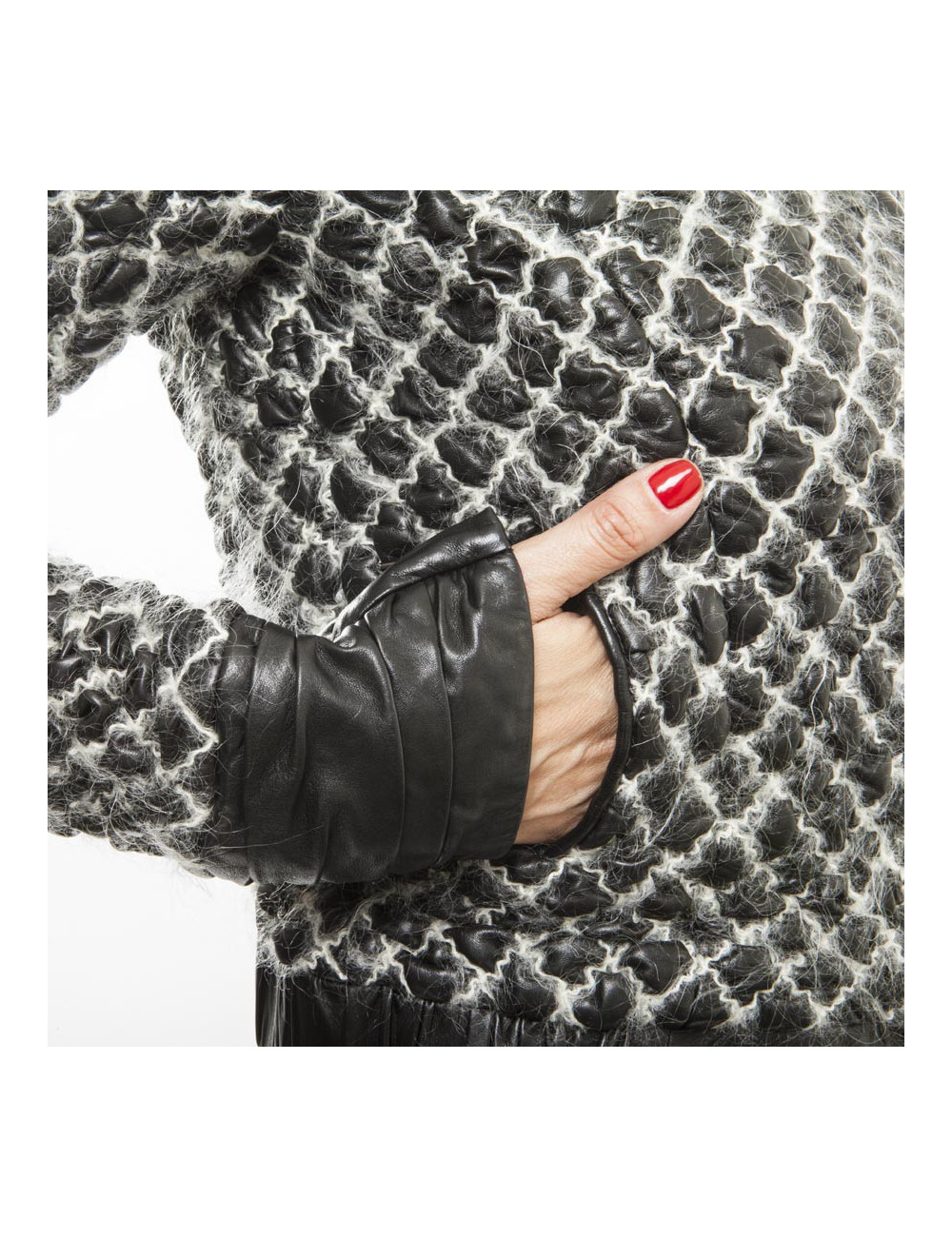 CHANEL jacket in black lamb leather stitched with white mohair size 38FR 