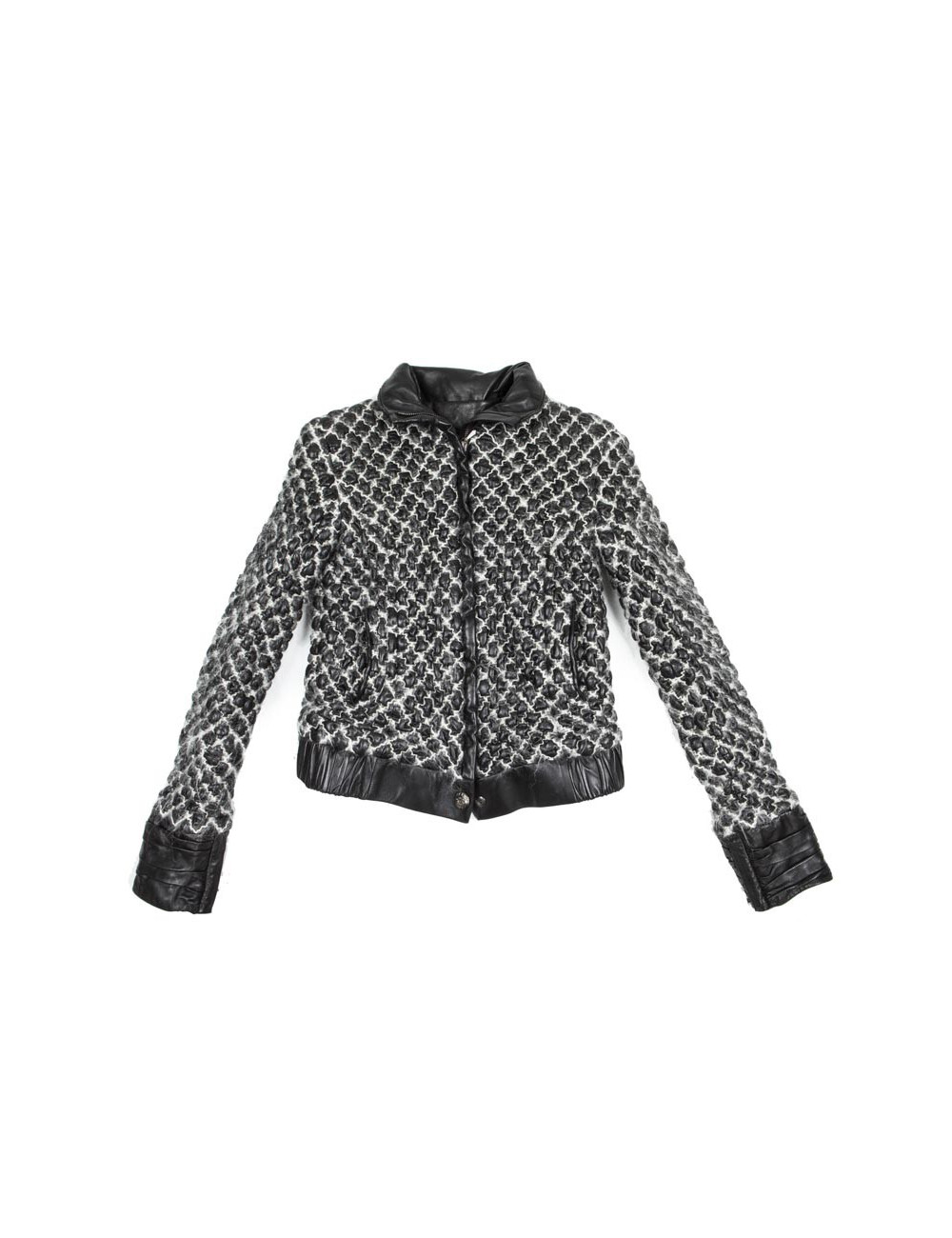 CHANEL jacket in black lamb leather stitched with white mohair size 38FR 