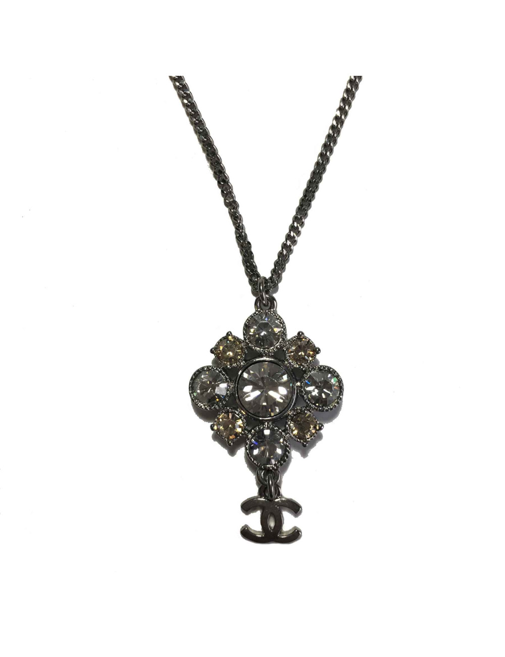 CHANEL chain necklace with pendant in silver metal, CC and rhinestones