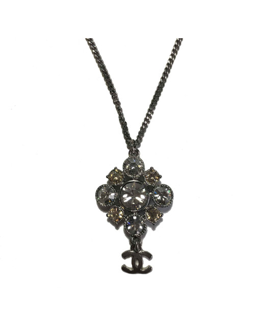 CHANEL chain necklace with pendant in silver metal, CC and rhinestones