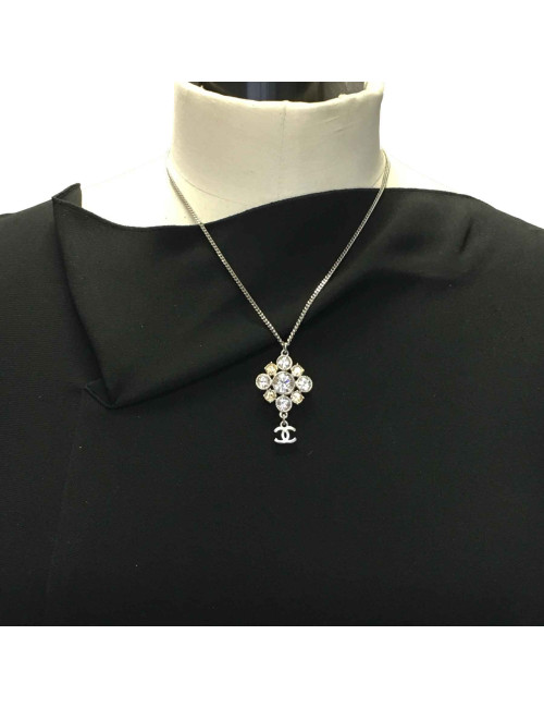 CHANEL chain necklace with pendant in silver metal, CC and rhinestones