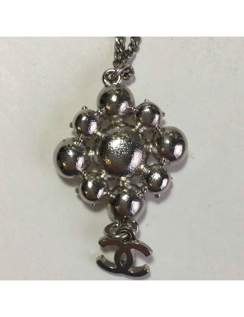 CHANEL chain necklace with pendant in silver metal, CC and rhinestones