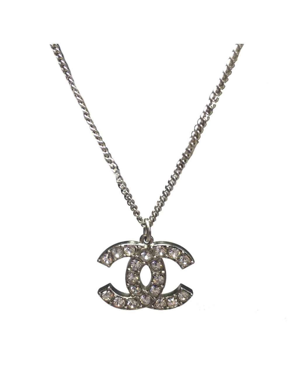 Collier CHANEL CC strass métal argenté