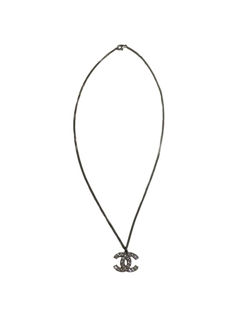 Collier CHANEL CC strass métal argenté