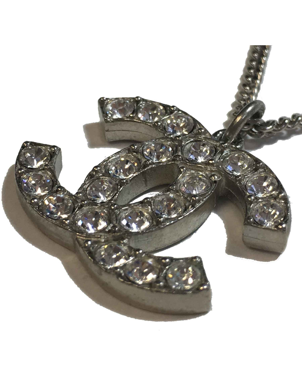 Collier CHANEL CC strass métal argenté