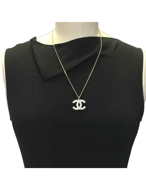 Collier CHANEL CC strass métal argenté