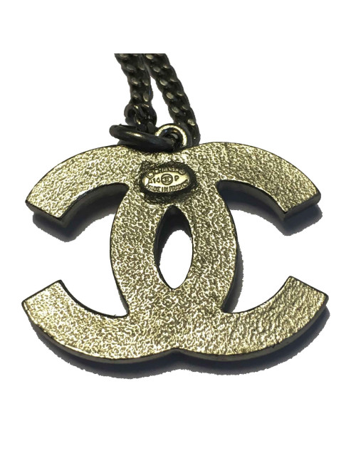 Collier CHANEL CC strass métal argenté