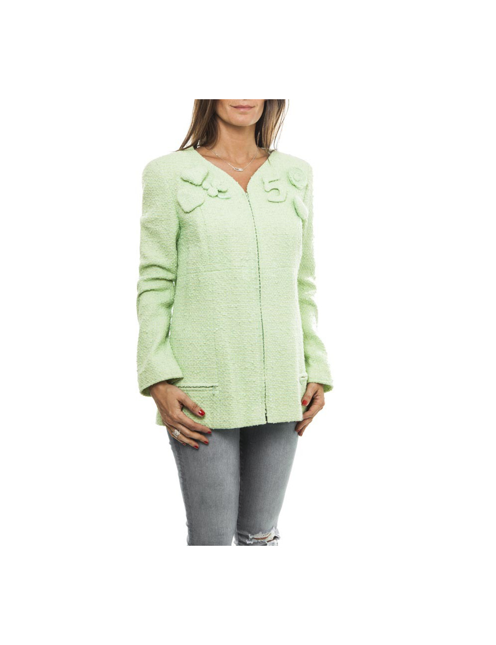 Veste CHANEL T 44 tweed vert d'eau 