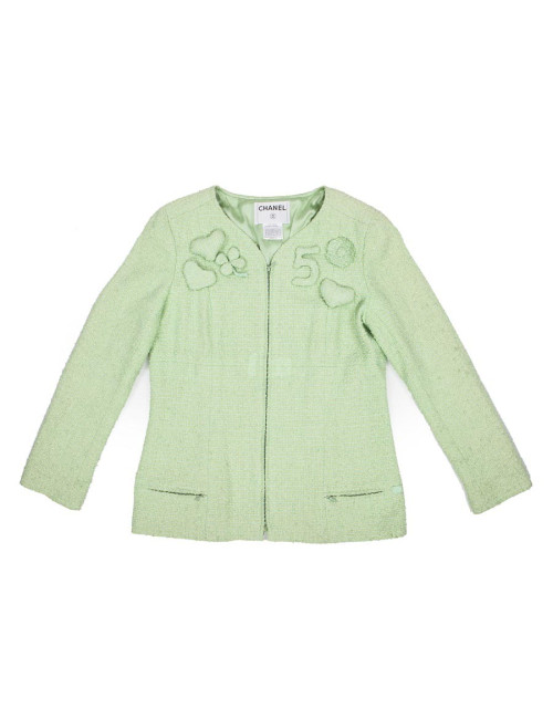 Veste CHANEL T 44 tweed vert d'eau 