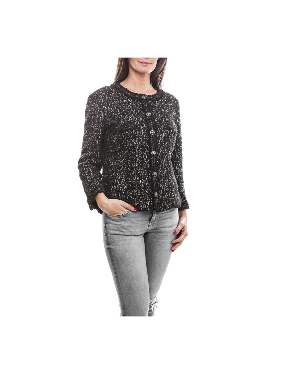Veste CHANEL T 44 noir et fils argent "Coco"