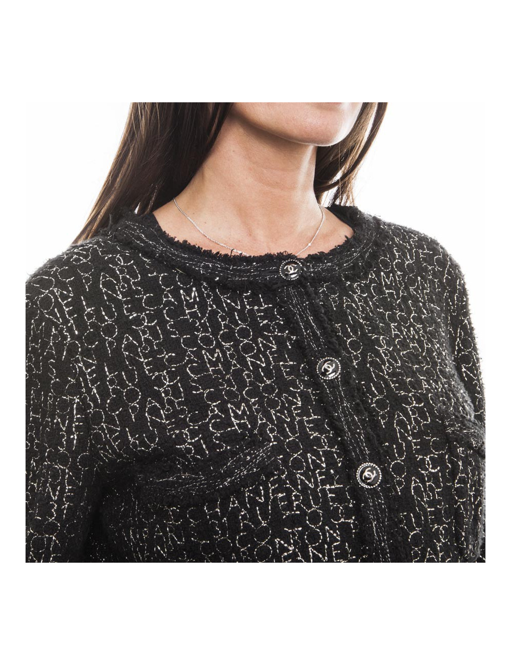 CHANEL jacket in black tweed with silver thread 'Coco, Cambon Paris, Chanel' size 44 EU