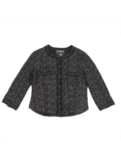 CHANEL jacket in black tweed with silver thread 'Coco, Cambon Paris, Chanel' size 44 EU