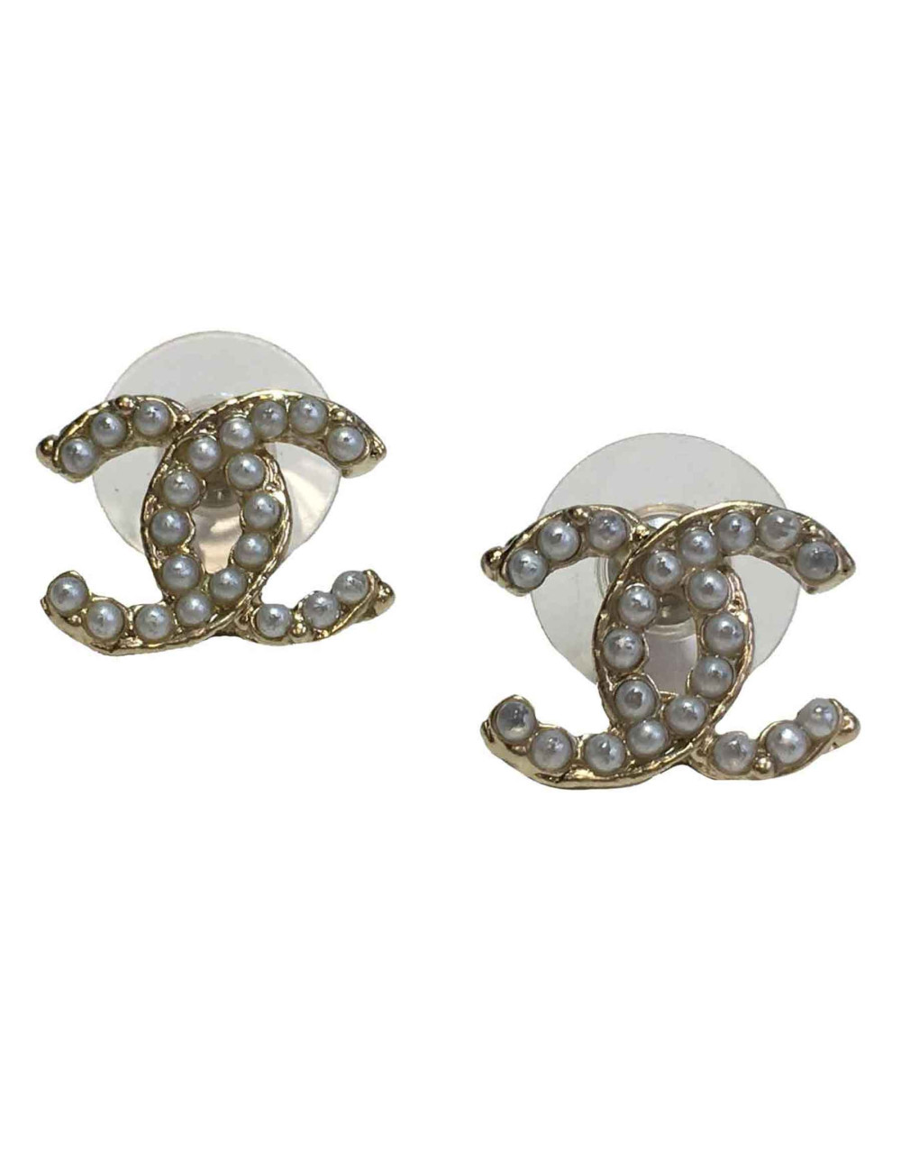 Boucles d'oreilles clous CHANEL perlés en métal doré