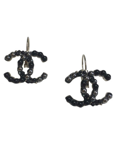 Créoles clous CHANEL perlées noir et gris argenté