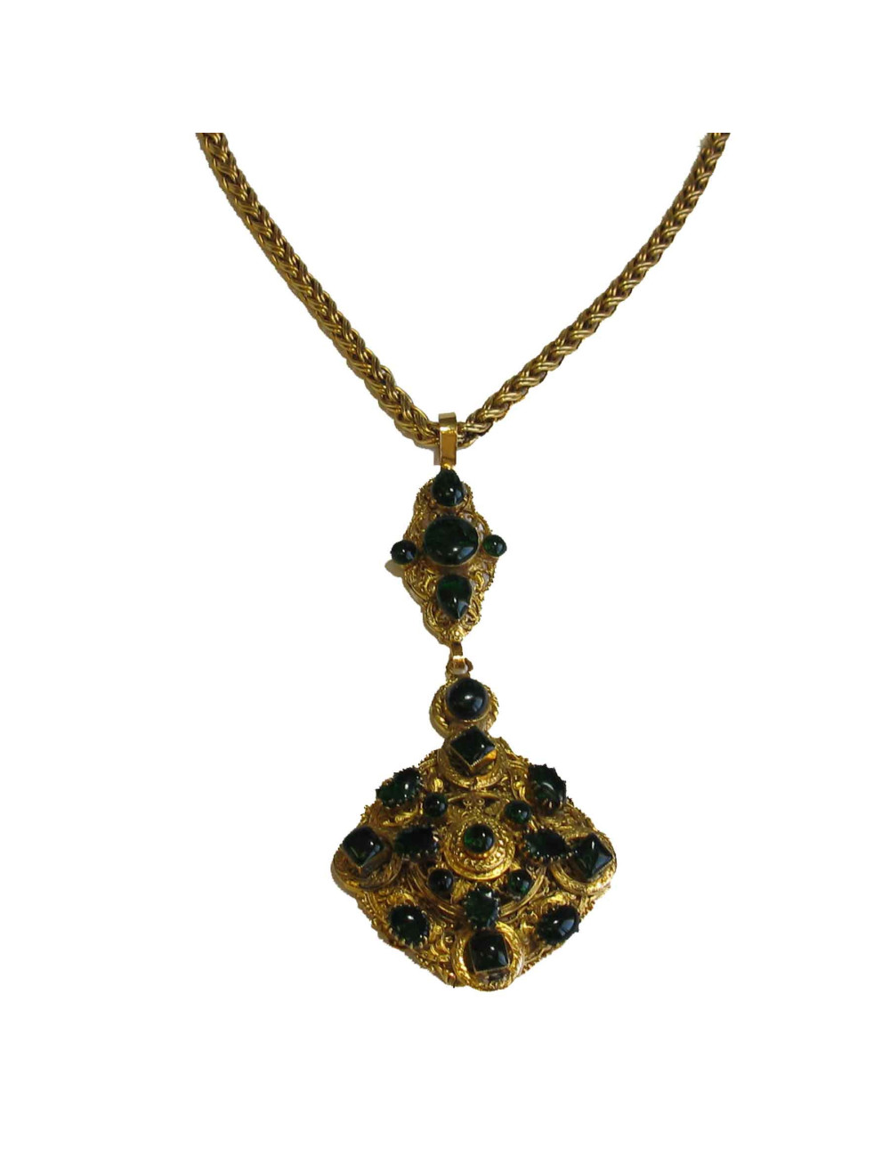 Sautoir MARGUERITE de VALOIS en pâte de verre couleur émeraude et métal doré 