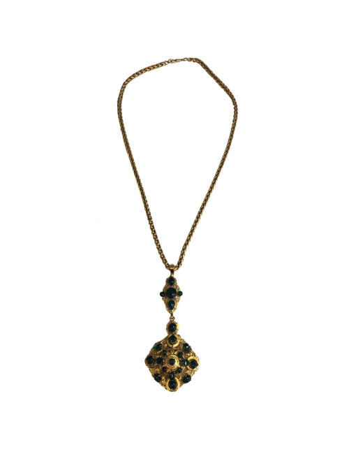 MARGUERITE de VALOIS long necklace in gilded metal and Emerald colored molten glass