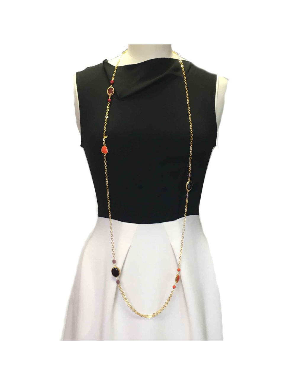 Sautoir MARGUERTE DE VALOIS en métal doré et pâte de verre multicolore